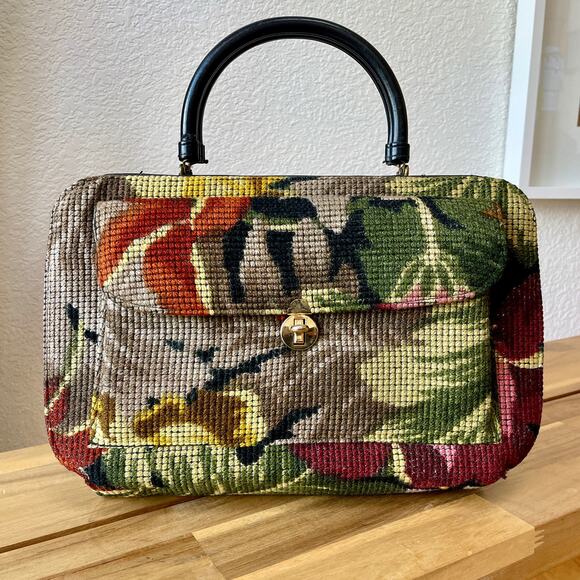 Lou Taylor Miami Vintage Frame Purse Floral Art Tapestry Gold Hardware - Picture 1 of 16